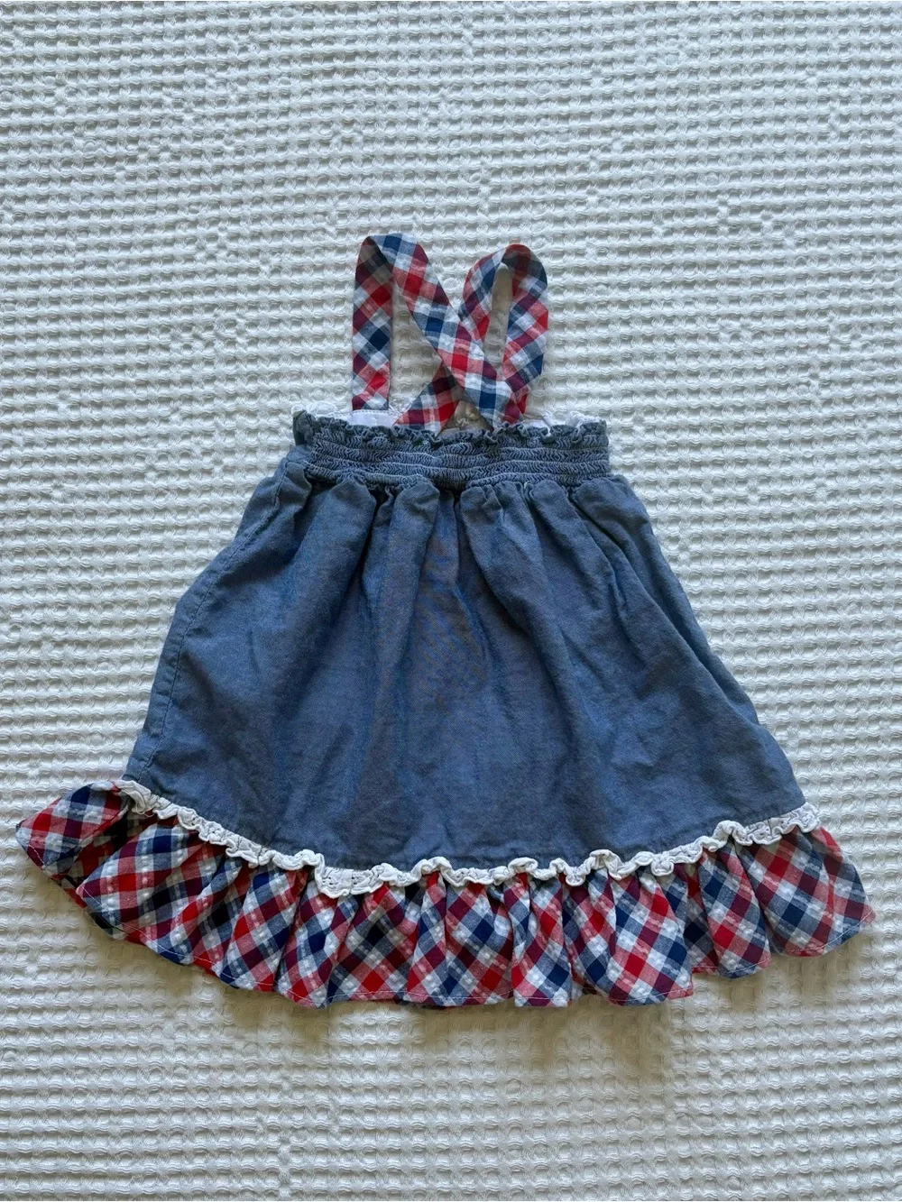Bonnie Baby Chambray Plaid Sundress Red White Blue Flower Applique 4th July 18M